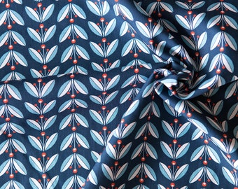 Lingonberries organic poplin in navy blue, turquoise red and white. Organic cotton fabric. Modern Love by Monaluna, by 1/2 meter.