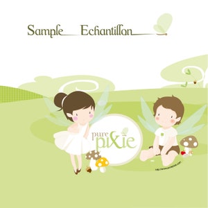 Peut inclure: Deux fées, l'une avec des ailes blanches et une robe blanche, l'autre avec des ailes vertes et une chemise verte et un short marron, sont assises dans un champ vert avec des champignons et le texte "pure pixie" dans un cercle.