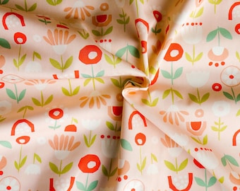 Jubilee organic poplin with 70's red and white flowers on pink. Organic cotton fabric. Amour Vert by Monaluna Fabrics, by 1/2 meter.