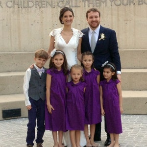 White flower girl dress with short sleeves for wedding in organic cotton sateen. Custom wedding dress. image 4