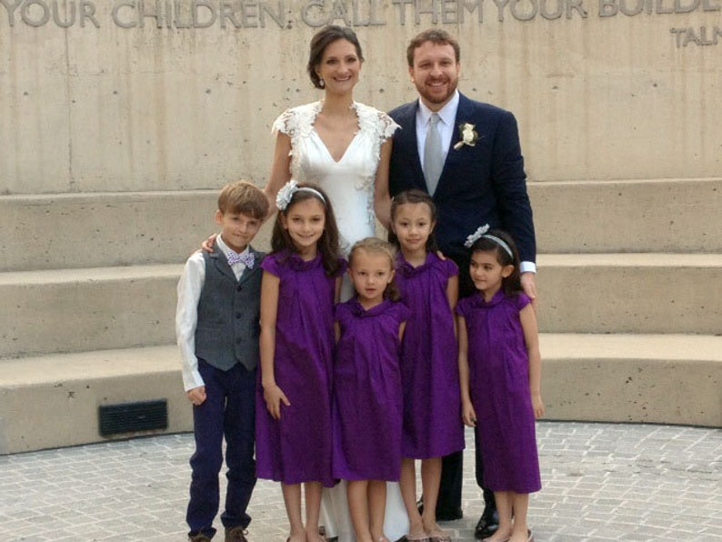 White flower girl dress with short sleeves for wedding in organic cotton sateen. Custom wedding dress. image 4