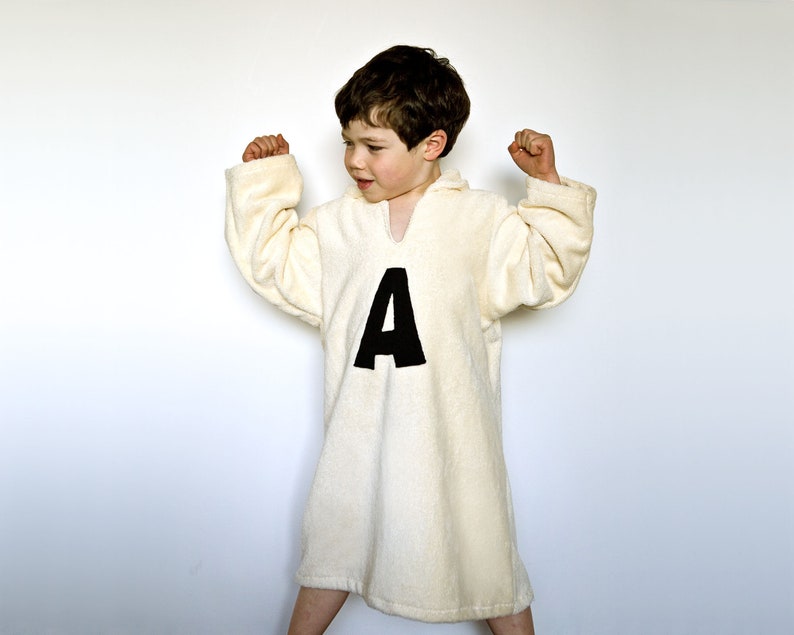 Personalized robe with monogram with hood in organic cotton. Eco friendly bath cape in ivory color. Children gift with monogram. image 1