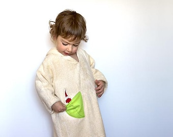 Ecofriendly Hooded Bathrobe with red garden pixie from GOTS Certified organic cotton. Waldorf inspired organic robe for boys & girls.