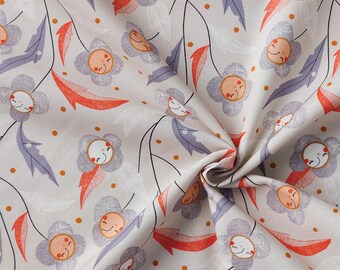 White flowers with a face on beige, organic fabric, Rise up ivory, Bloom together by Cloud9 Poplin, by 1/2 meter.