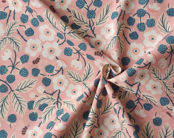 White flowers with berries on pink, organic fabric, Bramble and Ramble, Tiny and Wild by Cloud9 Poplin, by 1/2 meter.