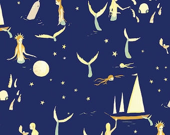 Mermaids by Night Popeline. Dark blue fabric with Mermaids and Stars. Birch Saltwater by 1/2 meter.