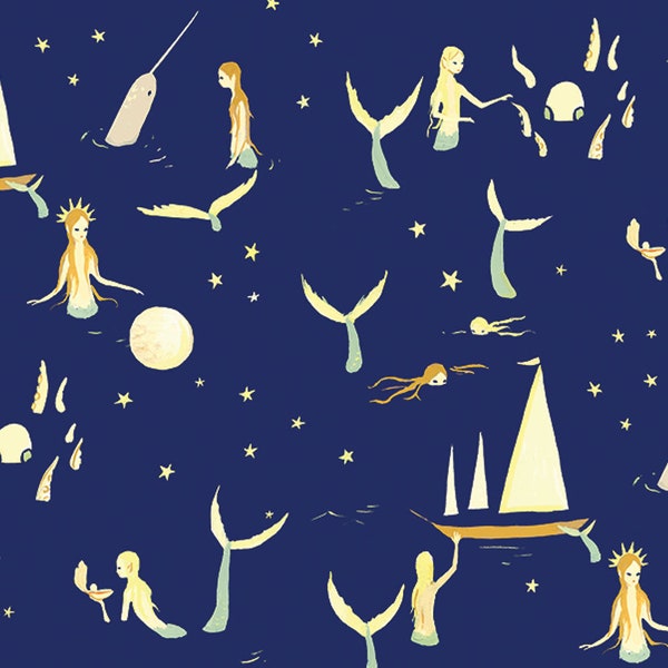 Mermaids by Night Popeline. Dark blue fabric with Mermaids and Stars. Birch Saltwater by 1/2 meter.