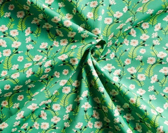 Petunias organic poplin with white flowers on green. Organic cotton fabric. Amour Vert by Monaluna Fabrics, by 1/2 meter.