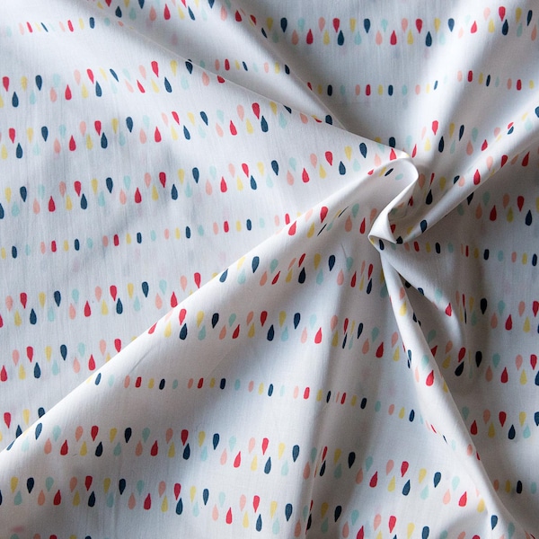 Colorful drops on white Popeline. Red, blue, yellow, green dots fabric by 1/2 meter.