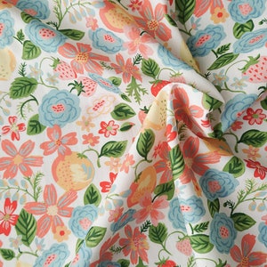 Orchard organic poplin with 70's pink and blue flowers on white. Organic cotton fabric. Vintage 74 by Monaluna Fabrics, by 1/2 meter. image 1