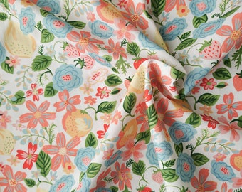 Orchard organic poplin with 70's pink and blue flowers on white. Organic cotton fabric. Vintage 74 by Monaluna Fabrics, by 1/2 meter.