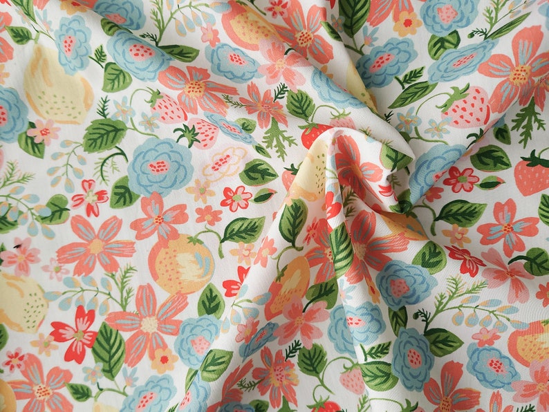 Orchard organic poplin with 70's pink and blue flowers on white. Organic cotton fabric. Vintage 74 by Monaluna Fabrics, by 1/2 meter. image 1