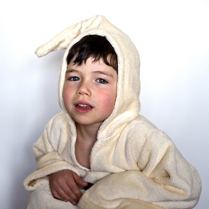 Personalized robe with monogram with hood in organic cotton. Eco friendly bath cape in ivory color. Children gift with monogram. image 3