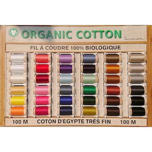 Fil de coton bio blanc, naturel, bleu, vert, rouge, rose, jaune, marron, noir. Fil de coton Scanfil pour couture certifié GOTS. Zéro déchet.