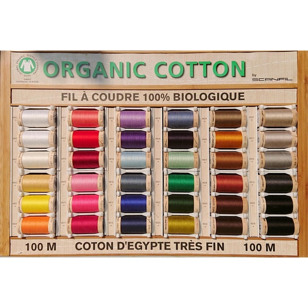 Fil de coton bio blanc, naturel, bleu, vert, rouge, rose, jaune, marron, noir. Fil de coton Scanfil pour couture certifié GOTS. Zéro déchet.