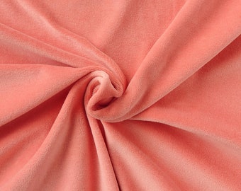 coral pink velour fabric in organic cotton. Solid bisque knitted velour fabric by half meter.