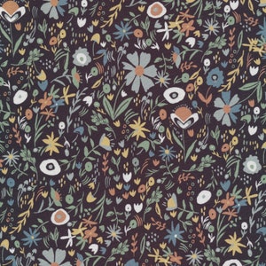 Bunte Blumen auf schwarzem, bio Stoff, Virginia House in Bloom von Cloud9 Popelin, 1/2 Meter.