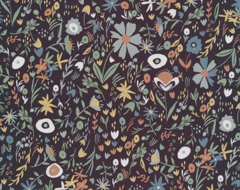 Colorful flowers on black, organic fabric, Virginia House in Bloom by Cloud9 Poplin, by 1/2 meter.