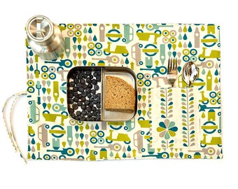 Green placemat. Organic cotton place mat. Child birthday gift in green with car and scooter.