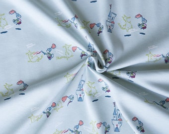 Small knight with dragon on blue Interlock in organic cotton. Knitted fabric for little boy by half meter (50cm)