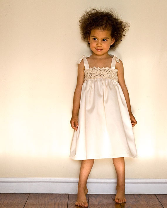 Lace Flower Girl Dress in White or Ivory for Beach Wedding. Ivory