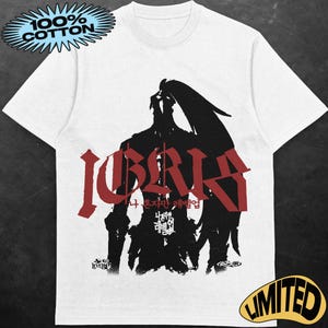 May include: White t-shirt with a black and red graphic of a character from the anime "Solo Leveling". The character is holding a sword and the text "IGRIS" is written in red. The text "나 혼자만 레벨업" is written in Korean below the character.