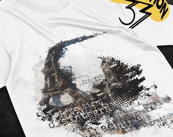 エクスペディション33 Tシャツ エッフェル塔 グランジ グッズ | ペイントレス ダメージ加工 アニメTシャツ | フラクチャー＆ディスインテグレーション グラフィックシャツ