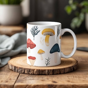 Mushroom Wrap Around Design Mug, Boho Aesthetic Drinkware, Cottagecore Tea Mug, Whimsical Coffee Mug, Artistic Coffee Mug, Illustrated Mug