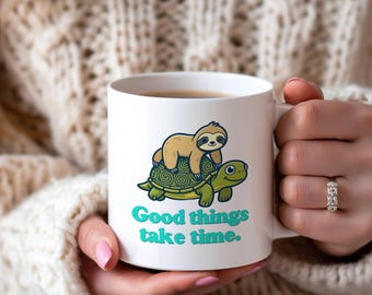 Sloth Riding Turtle Ceramic Mug | Motivational Coffee Cup