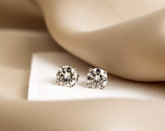 Round Cut Moissanite Stud Earrings, 4-Prong Solitaire Earrings, Sterling Silver Minimalist Jewelry, Elegant Bridal Gift for her, couple gift
