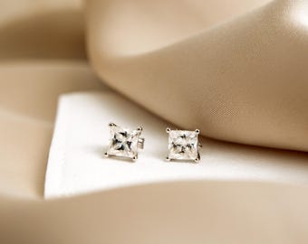 Moissanite Stud Earrings 1 CT, Princess Cut, Square Moissanite Earrings, Sterling Silver Earrings, Minimalist Bridal Jewelry, gift for her