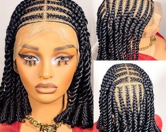Peruca Bob Trançada Média de 25 cm (10 Polegadas) com Renda Total, Sem Cola, para Mulheres Negras, com Tranças Sem Nós e Baby Hair, Pronta para Envio