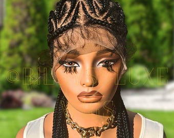 30 Inch Black Cornrow Braided Wig Full Lace Glueless Synthetic Wig with Baby Hairs, Small Medium Braids, Protective Style Ready to Ship