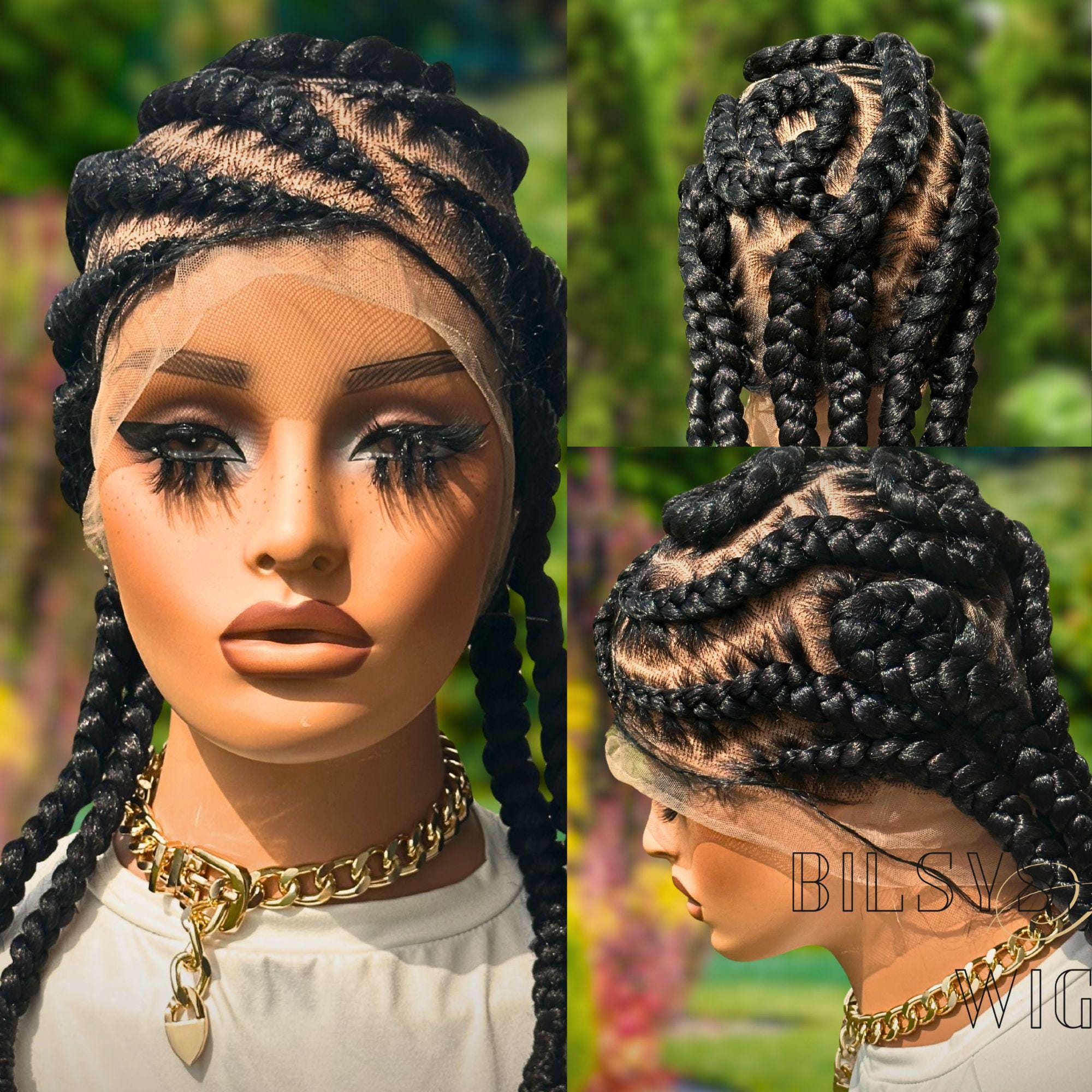 Black Cornrow Braided Wig 16 Inch | Full Lace Glueless Synthetic Wig with Baby Hairs, Large Braids, Protective Style Ready to Ship