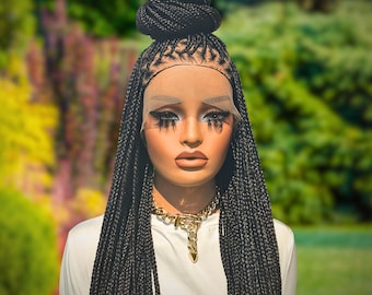 Small Knotless Braided Wig 38” Full Lace, Glueless, Natural Hairline, Black Brown Mix Lightweight & Protective Style READY TO SHIP
