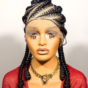 Peluca trenzada de 16 pulgadas con encaje completo sin pegamento y trenzas de 1B negras, patrón recto y curvo, lista para enviar.