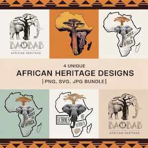 May include: Four unique African heritage designs featuring a stylized illustration of an elephant and a baobab tree. The designs are in a black and white color scheme with a brown background. The text "Baobab of the African Heritage" and "Echoes of Africa" are included in the designs.