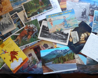 May include: A collection of vintage postcards featuring various scenes, including a mountain range, a couple on a beach, a fox, and a woman reading a book. The postcards are arranged in a random pattern on a floral patterned surface.