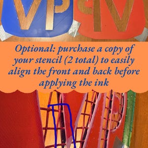 May include: Two stencils, one blue and one red, each featuring the letters VP IV cut out from the center. The stencils are secured with silver tape. Below, a red stencil is positioned over a red grid pattern, with a blue outline highlighting a section.