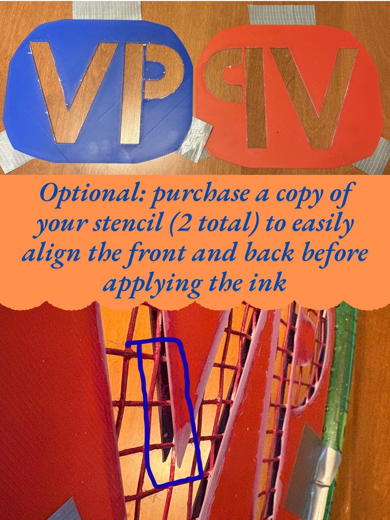 May include: Two stencils, one blue and one red, each featuring the letters VP IV cut out from the center. The stencils are secured with silver tape. Below, a red stencil is positioned over a red grid pattern, with a blue outline highlighting a section.