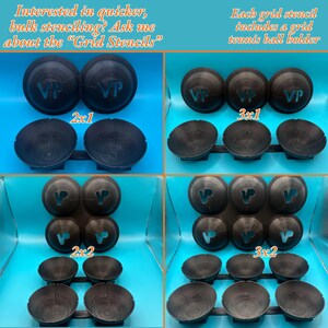 May include: Black 3D-printed plastic tennis ball holders in 2x1, 3x1, 2x2, and 3x2 configurations. Each holder features a circular cup with a 'VP' logo cutout. Text reads: 'Interested in quicker, bulk stenciling? Ask me about the Grid Stencils' and 'Each grid stencil includes a grid tennis ball holder'.