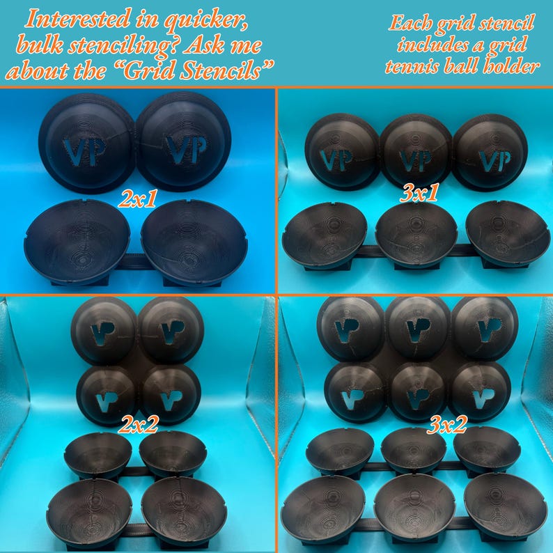 May include: Black 3D-printed plastic tennis ball holders in 2x1, 3x1, 2x2, and 3x2 configurations. Each holder features a circular cup with a 'VP' logo cutout. Text reads: 'Interested in quicker, bulk stenciling? Ask me about the Grid Stencils' and 'Each grid stencil includes a grid tennis ball holder'.