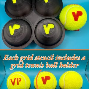 May include: A black plastic grid stencil tool with four hemispherical cups for marking tennis balls. The text reads: Interested in quicker, bulk stenciling? Ask me about the Grid Stencils. Each grid stencil includes a grid tennis ball holder.