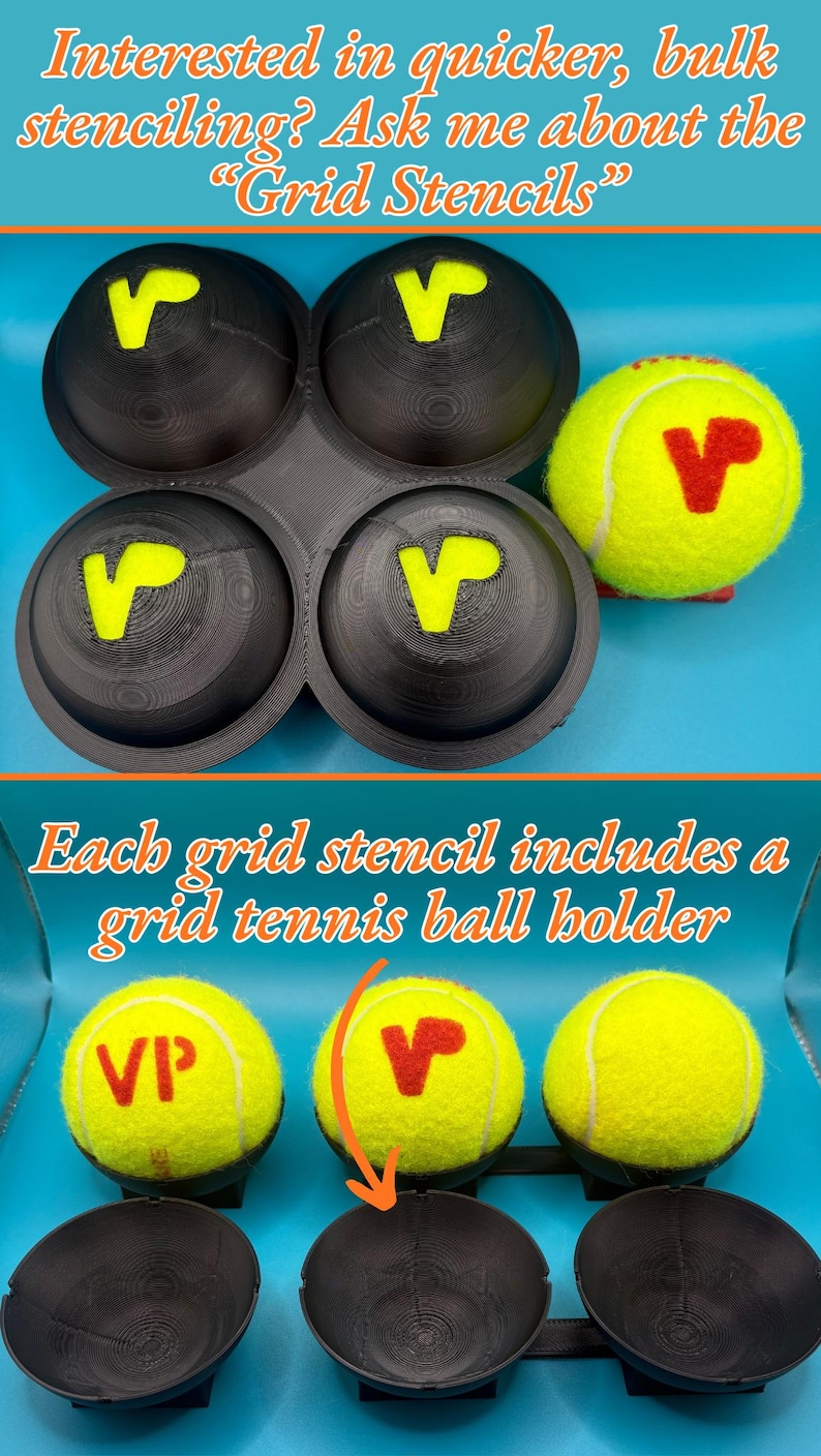 May include: A black plastic grid stencil tool with four hemispherical cups for marking tennis balls. The text reads: Interested in quicker, bulk stenciling? Ask me about the Grid Stencils. Each grid stencil includes a grid tennis ball holder.