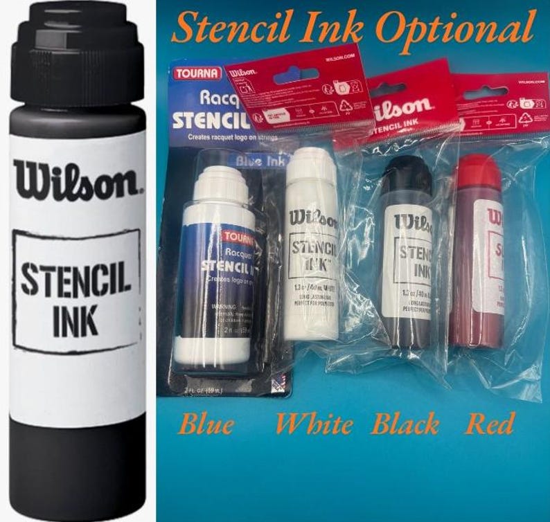 May include: A collection of Wilson stencil ink bottles in black, blue, white, and red. The black bottle is shown in the foreground, while the others are in their original plastic packaging. The text on the bottles reads Wilson Stencil Ink.