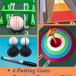 May include: A golf training set featuring green putting gates, a putting alignment tool, accuracy ball stencils, and a practice putting hole. The gates are labeled with measurements in inches and millimeters. A Sharpie marker is also included.