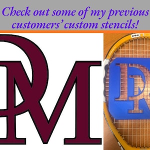 May include: A custom stencil featuring the letters DM in a bold serif font. The left side shows the maroon letters on a white background. The right side shows a blue plastic stencil with the same DM design placed over a yellow tennis racket.