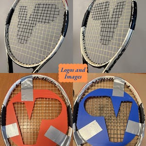 May include: A tennis racket featuring a white, black, and red frame with a carbon matrix design. The strings display a black stencil logo. Two additional views show the racket with orange and blue stencil templates taped to the string bed.