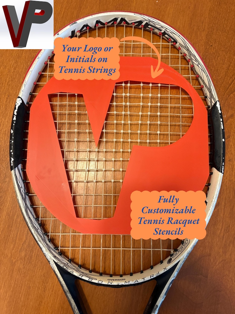 May include: A bright orange tennis racquet stencil featuring a large letter V shape, positioned over the white strings of a black and white tennis racquet. The stencil includes text that reads Your Logo or Initials on Tennis Strings and Fully Customizable Tennis Racquet Stencils.