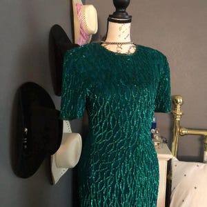Vintage Emerald Green Sequin Gown - 80s/90s Maxi Evening Dress, Formal Partywear